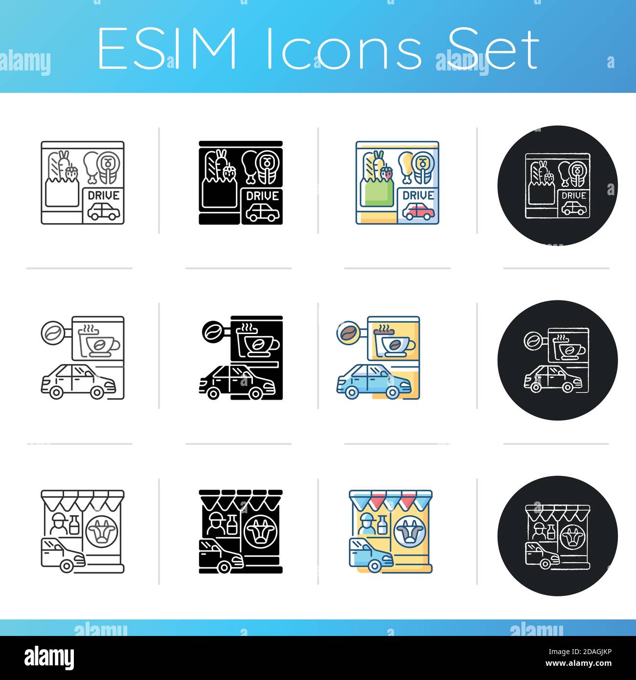 Drive through services icons set Stock Vector
