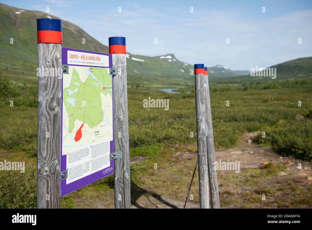 Information boards at south entrance of Padjelanta national park along Padjelantaleden Trail, Lapland, Sweden Stock Photo
