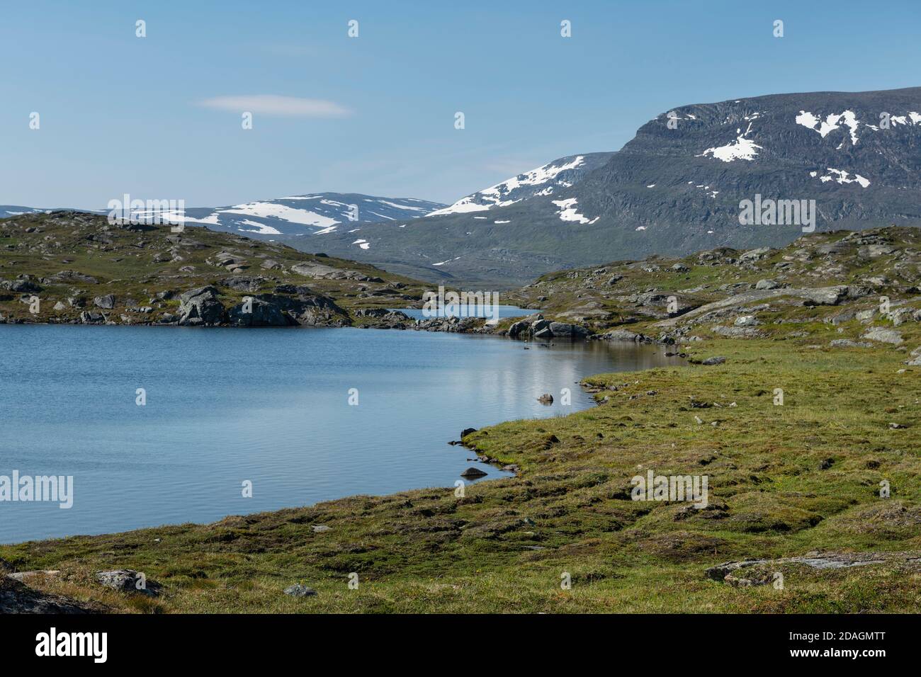 High moutain lake along Padjelantaleden trail in Padjelanta national park, Lapland, Sweden Stock Photo