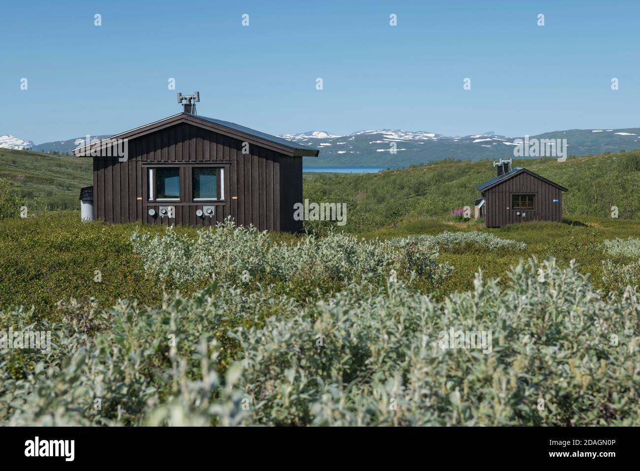 Låddejåhkå mountain hut along Padjelantaleden Trail, Padjelanta national park, Lapland, Sweden Stock Photo