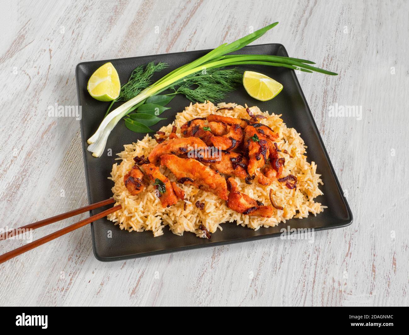 Indian food. Spicy Chicken fry with basmati rice. South India dish. Top