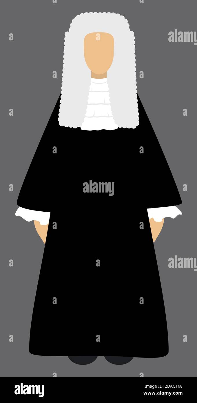 Judge in black robe costume and wig. Isolated vector illustration on gray background. Flat style. The Lord Chief Justice Stock Vector