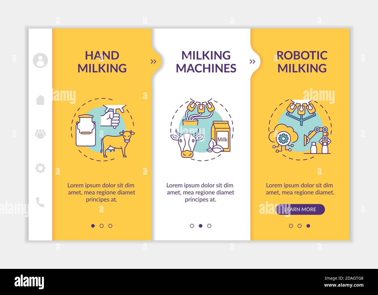 Cow milking process onboarding vector template Stock Vector