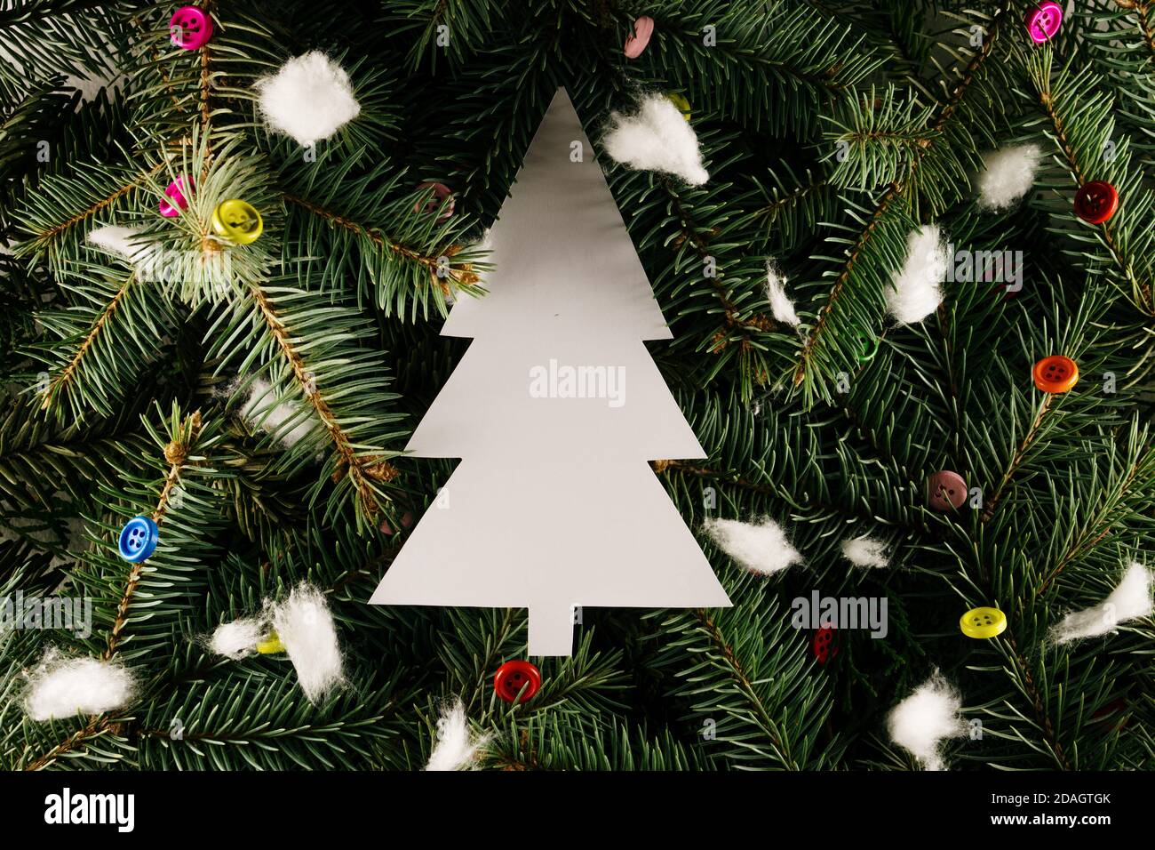 Layout made of Christmas tree branches with colorful buttons and foam snow. Nature New Year concept. Stock Photo