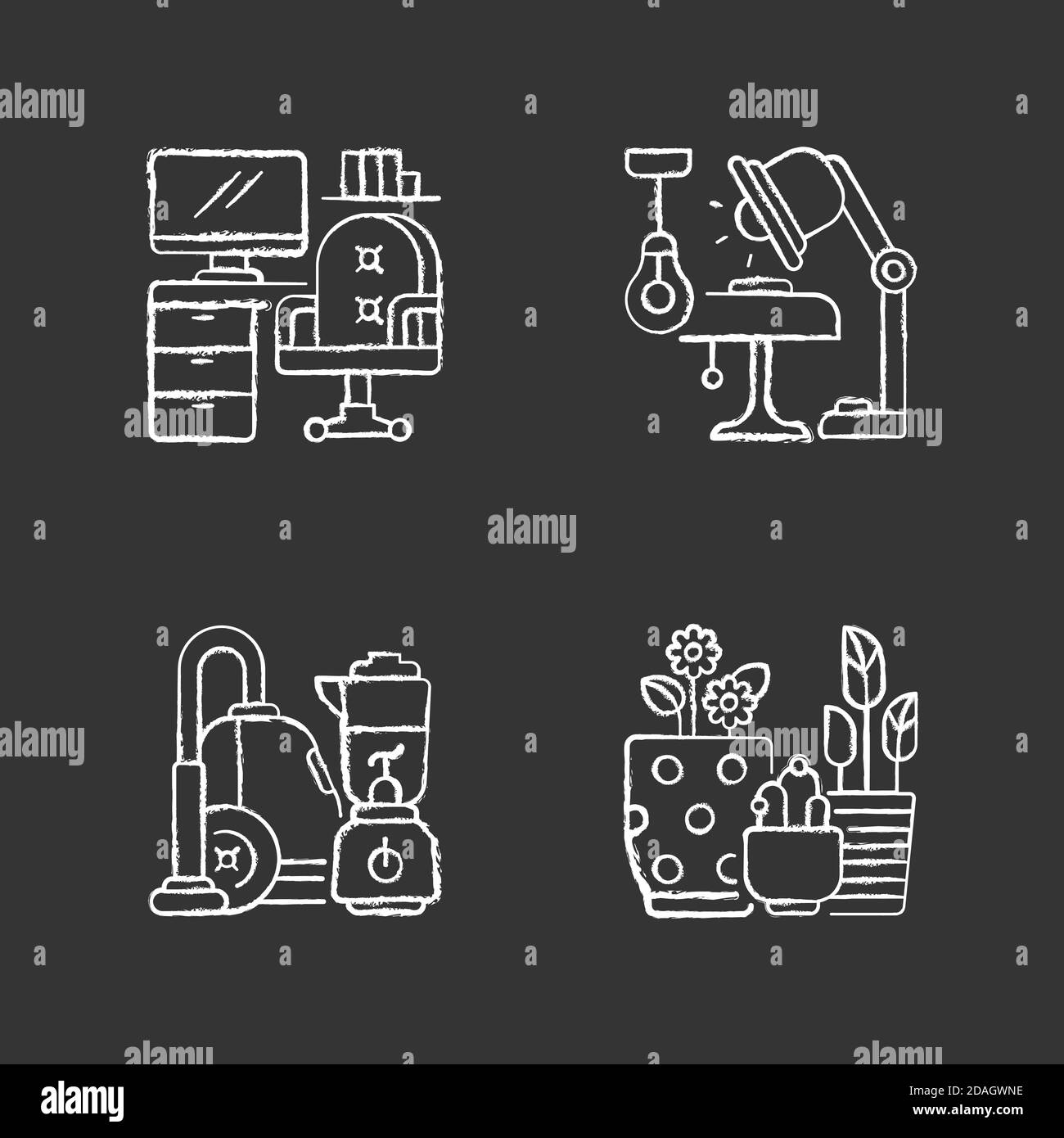 Home and living design chalk white icons set on black background Stock ...