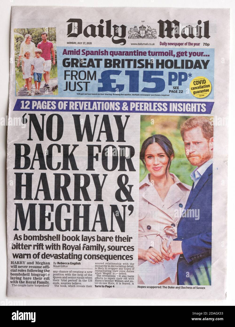The front page of the Daily Mail with the headline that Prince Harry and Meghan Markle would not be able to return to royal duties Stock Photo
