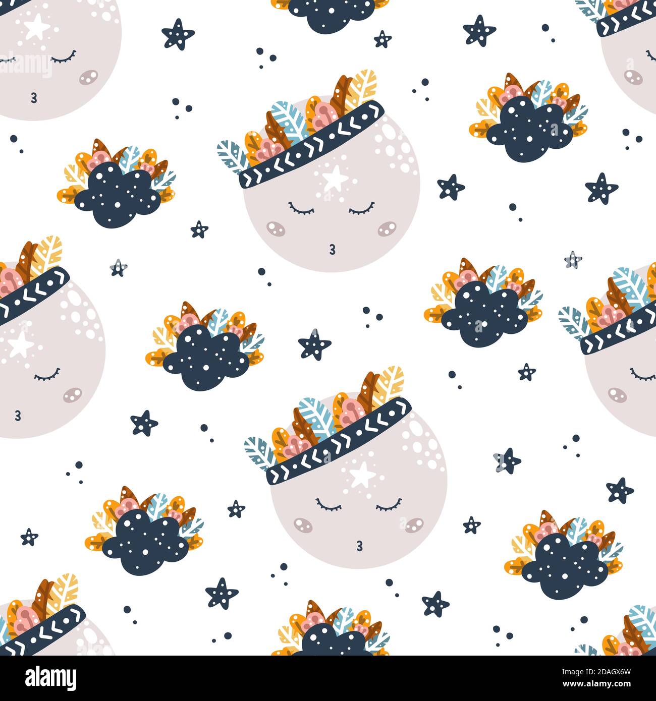 Cute nursery seamless pattern in Scandinavian style with boho moon and cloud characters. Childish pattern vector illustration isolated on white backgr Stock Vector