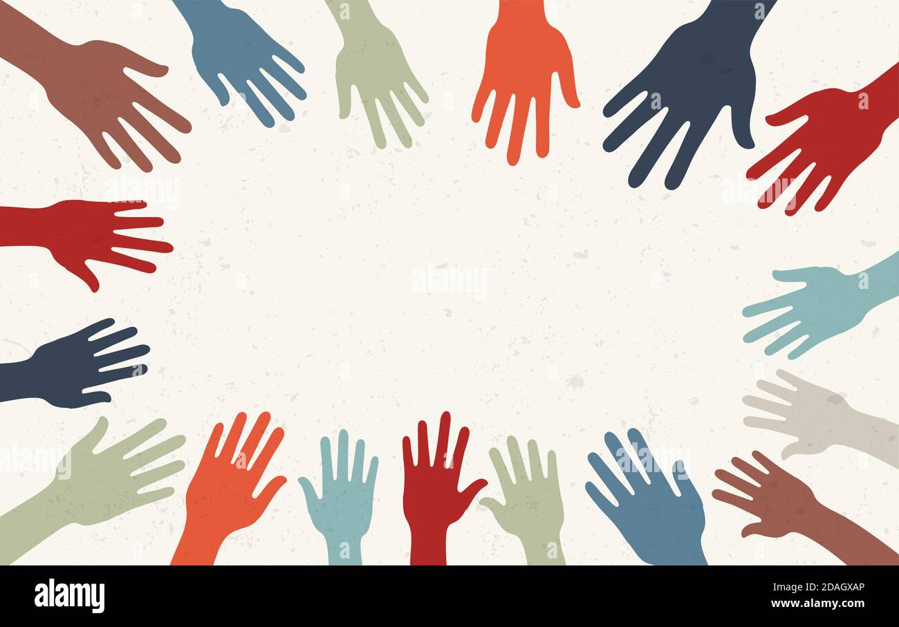 Group raised human arms and hands.Diversity multiethnic people. Racial equality. Men and women of different culture and countries. Coexistence harmony Stock Vector