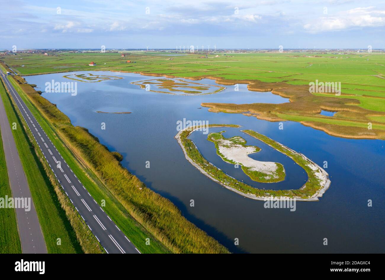 islands in stretch of water, aerial view, Netherlands, Northern Netherlands, NSG De Putten Stock Photo