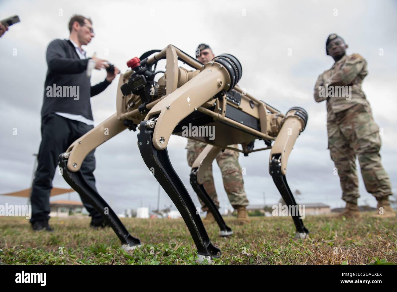A U.S. Air Force Ghost Q-UGV unmanned ground vehicle known as the robotic dog, is tested at Tyndall Air Force Base November 10, 2020 in Panama City, Florida. Tyndall is one of the first military bases to add the semi-autonomous UGV into their security patrol. Stock Photo