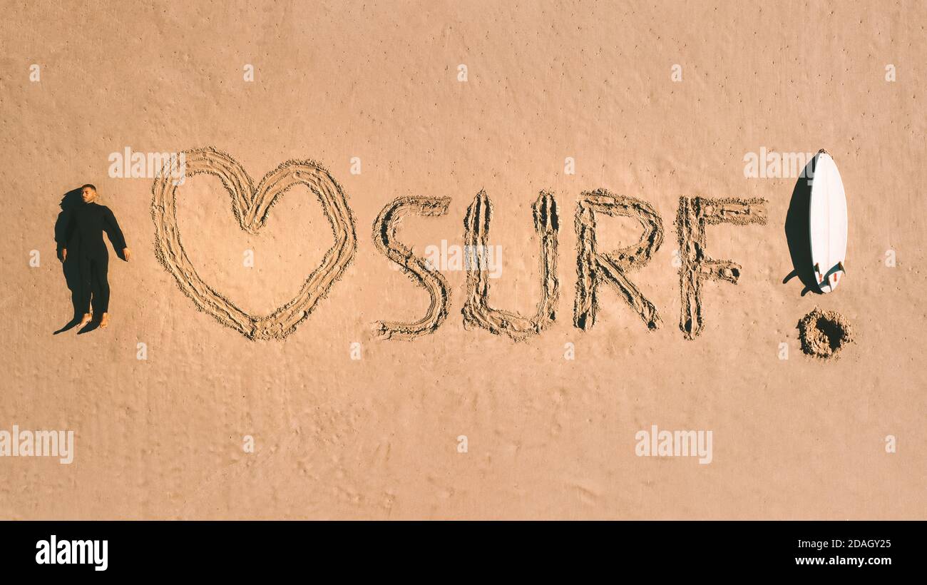 I love surf. Top view of a surfer with a surfboard lying on the sand on
