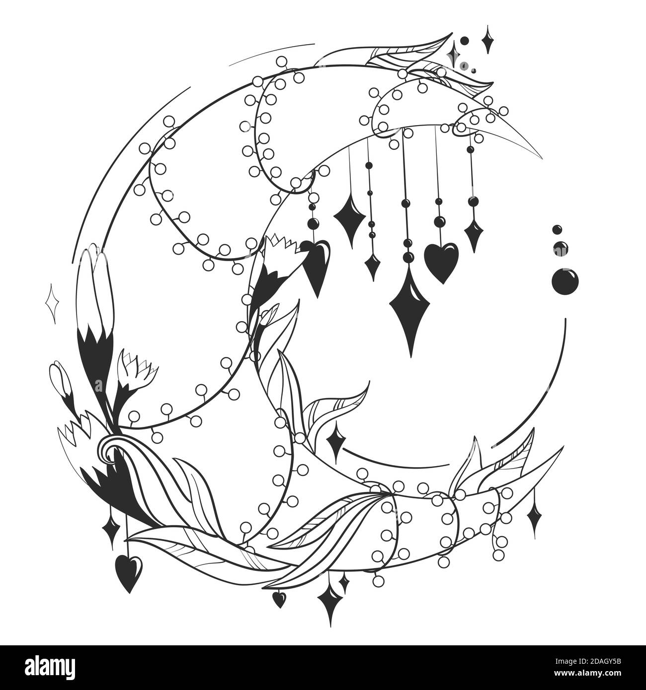 Vector Black and White Tattoo Moon Illustration. Stars, constellations, moon, crystals, leaves and flowers. Hand drawn astrology symbol. Stock Vector