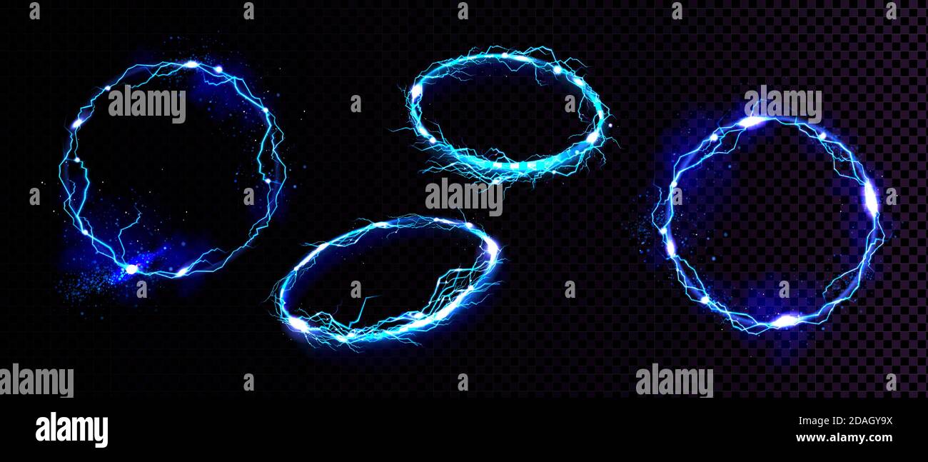 Electric lightning frames, circle digital glowing borders in front and  angle view. Vector realistic set of blue round sparking discharge isolated  on transparent background Stock Vector Image & Art - Alamy