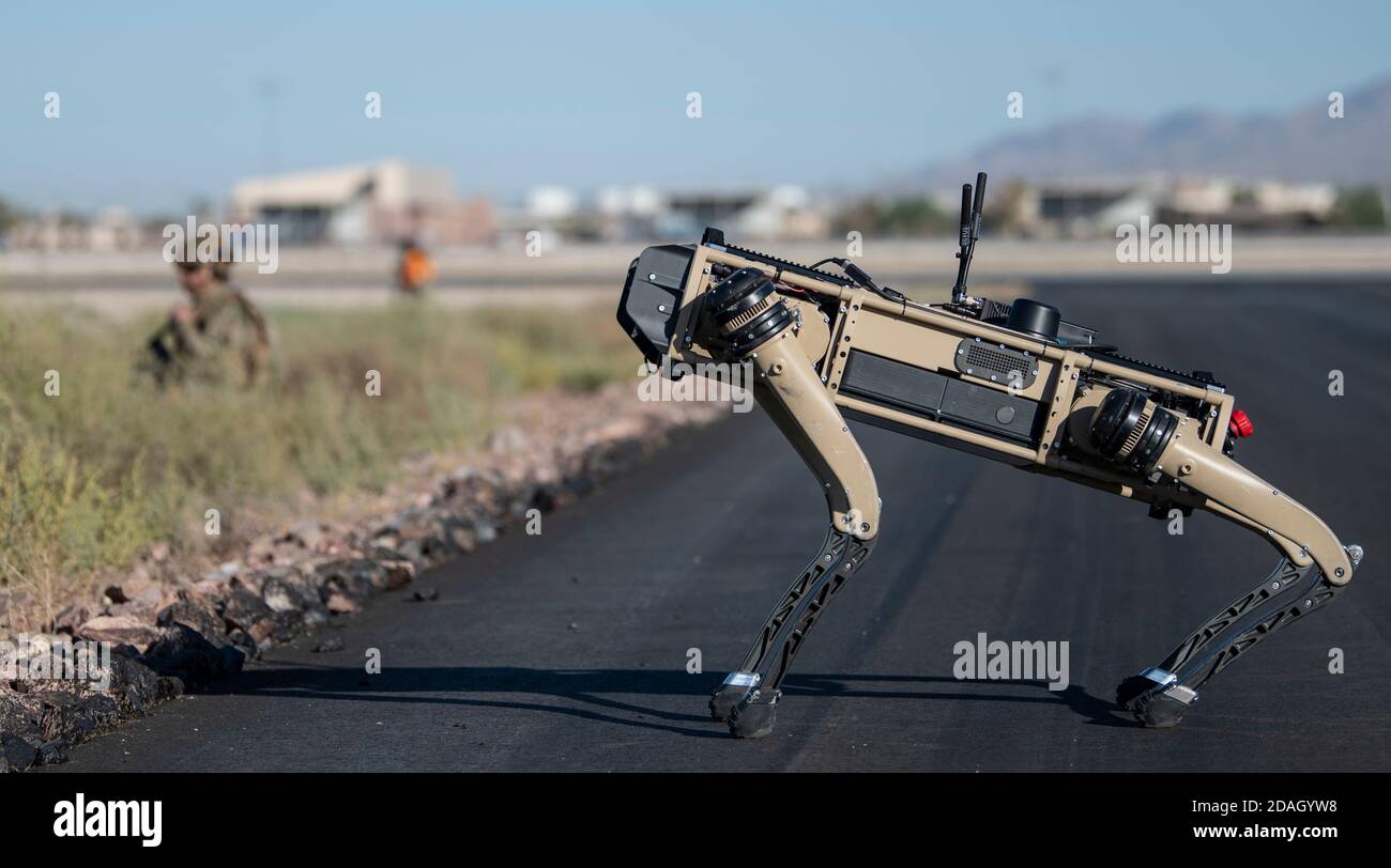 A U.S. Air Force Ghost Q-UGV unmanned ground vehicle known as the robotic dog, is tested during the Advanced Battle Management System exercise at Nellis Air Force Base September 3, 2020 in Las Vegas, Nevada. Stock Photo