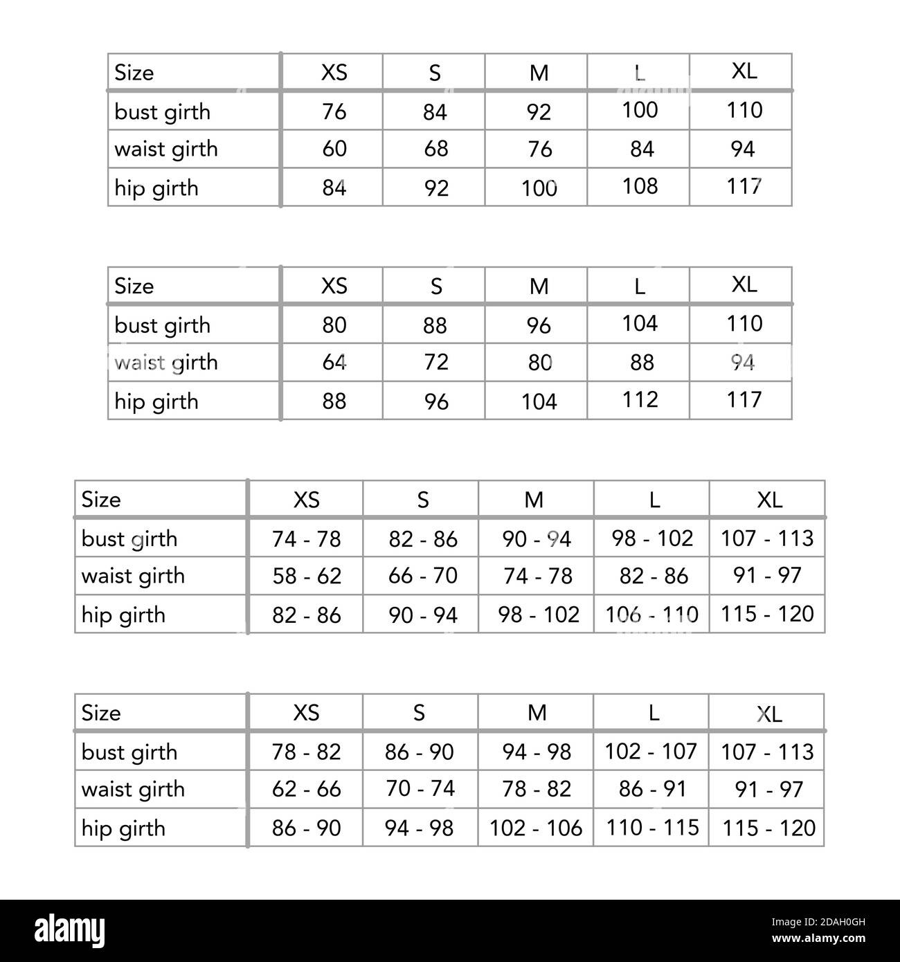 Women new European system clothing standard body measurements for different brands, style fashion lady chart for site, production and online clothes shop. XS, S, L, XL, bust, waist, hip girth