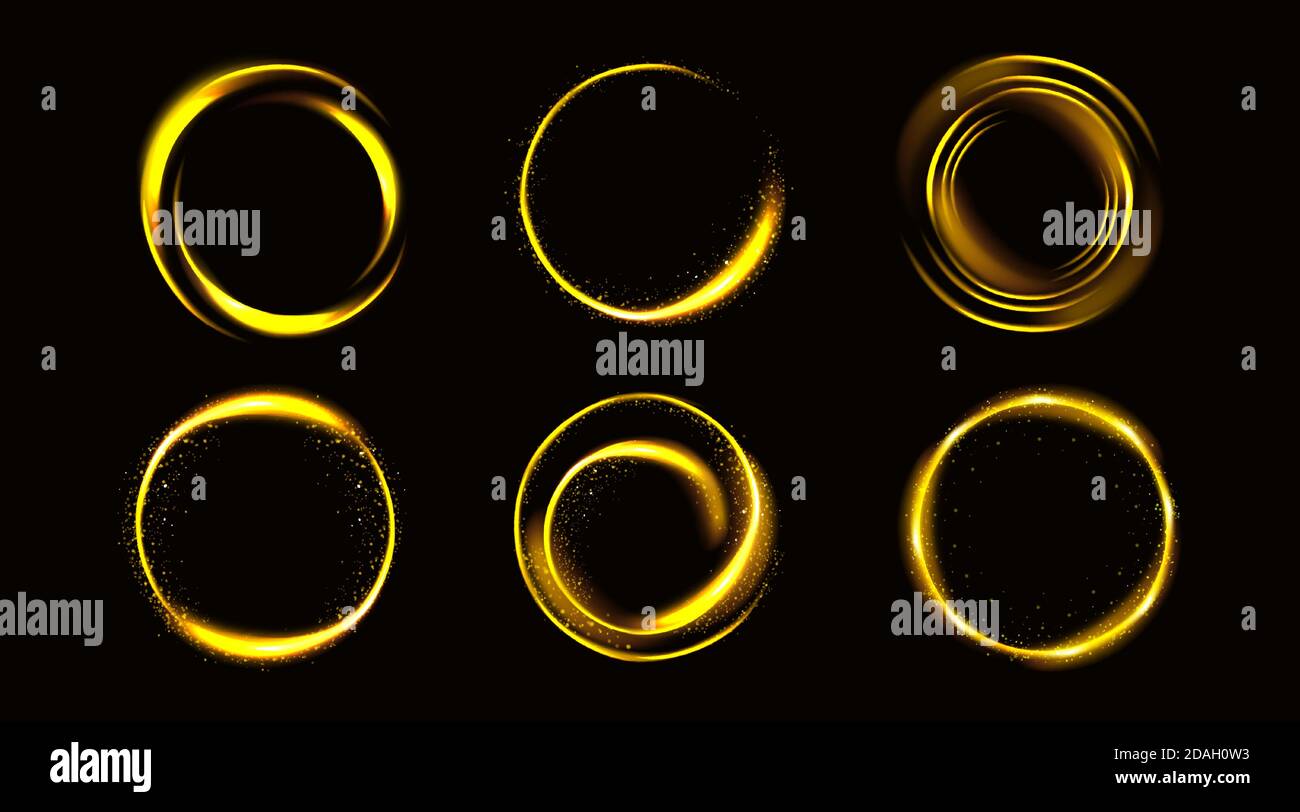 Gold circles with sparkles, golden round frames, shiny borders with