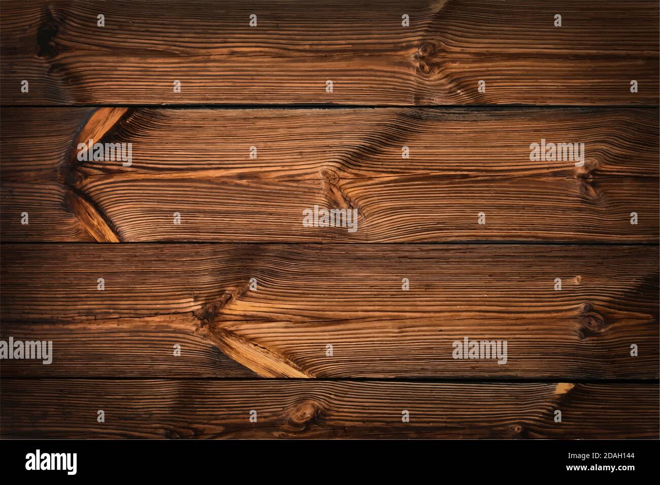 Vector illustration background texture of dark brown wide old vintage knotty wooden planks Stock Vector