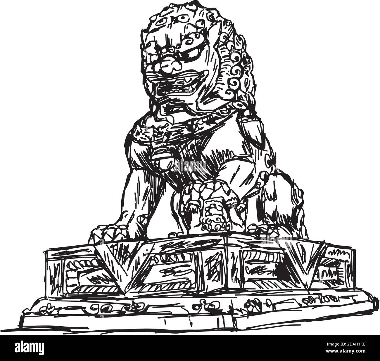 illustration vector doodle hand drawn of sketch big bronze lion in forbidden city, China, isolated on white Stock Vector