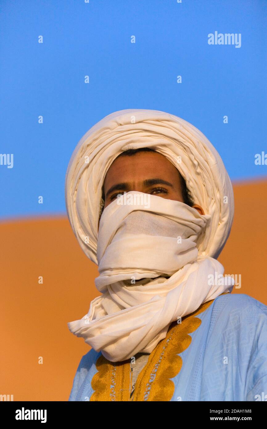 Arab man in Sahara Desert, Erg Chebbi, Morocco Stock Photo