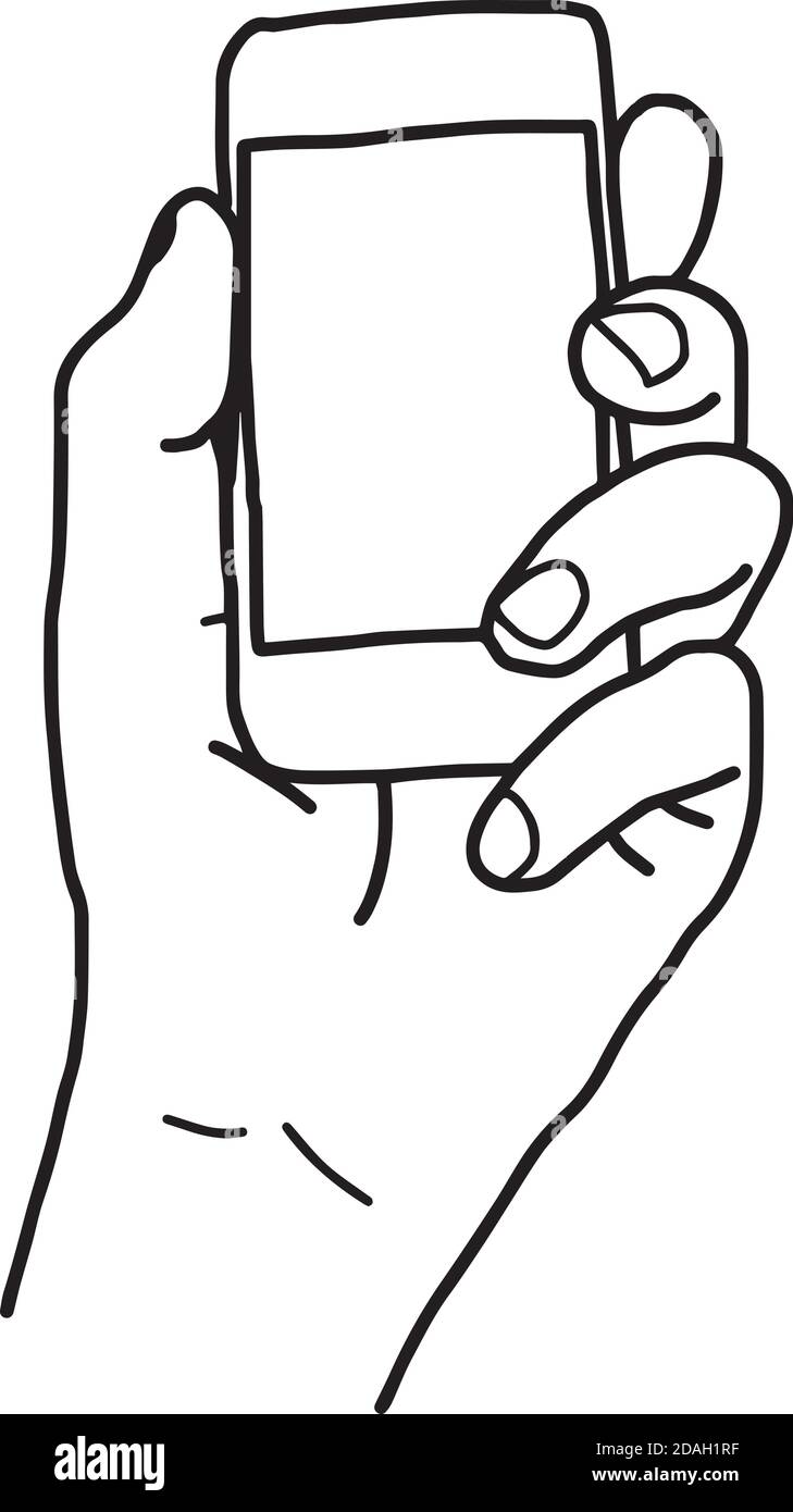 Illustration Vector Doodle Hand Drawn Sketch Of Human Left Hand Using Or Holding Smart Mobile 