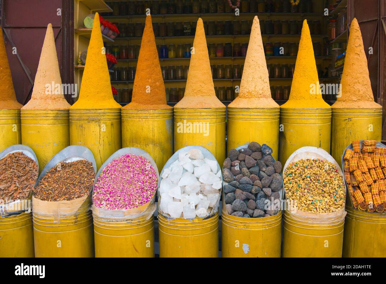 Selling spices  in the old medina, Marrakesh, Morocco Stock Photo