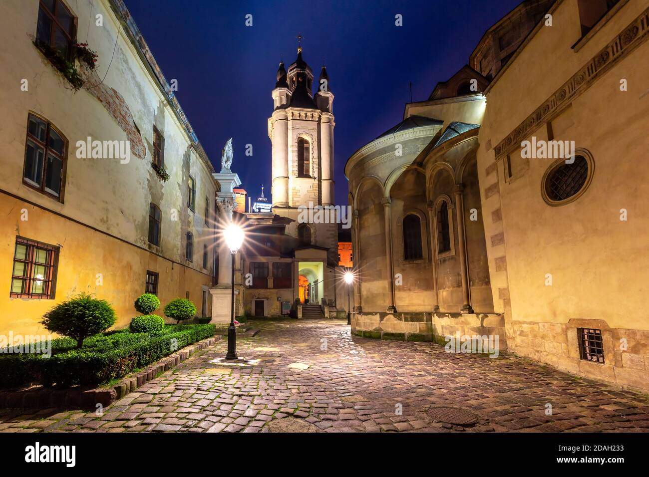 Night panoramic view of Armenian Cathedral of Lviv, Ukraine. Armenian courtyard Stock Photo