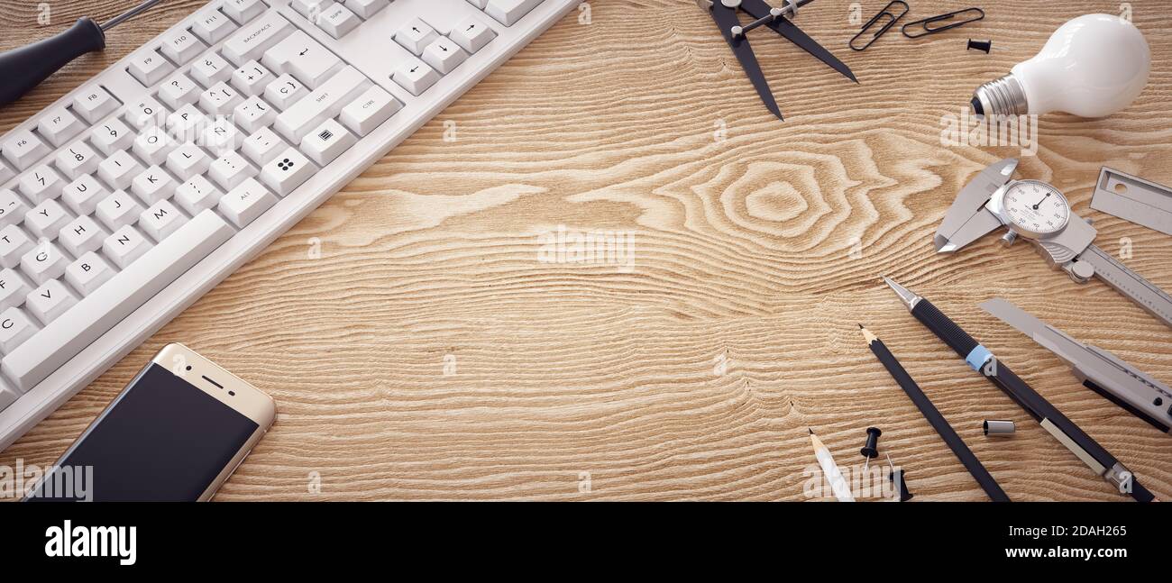 Creative table with various tools to invent. Stock Photo