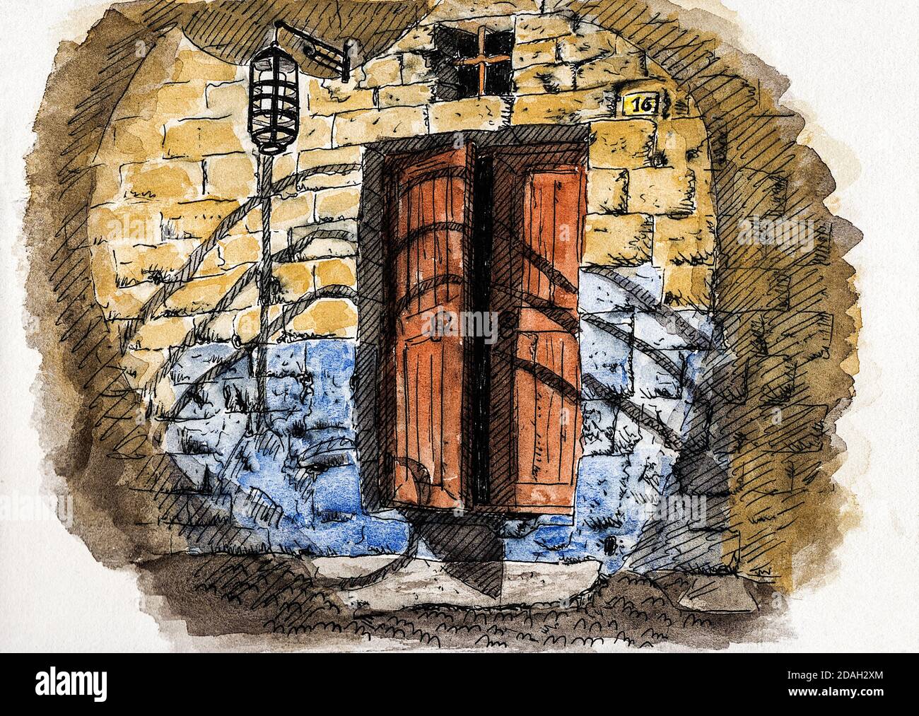 Detail of wooden door ajar in an old stone building at Rhodes. A historical town with medieval