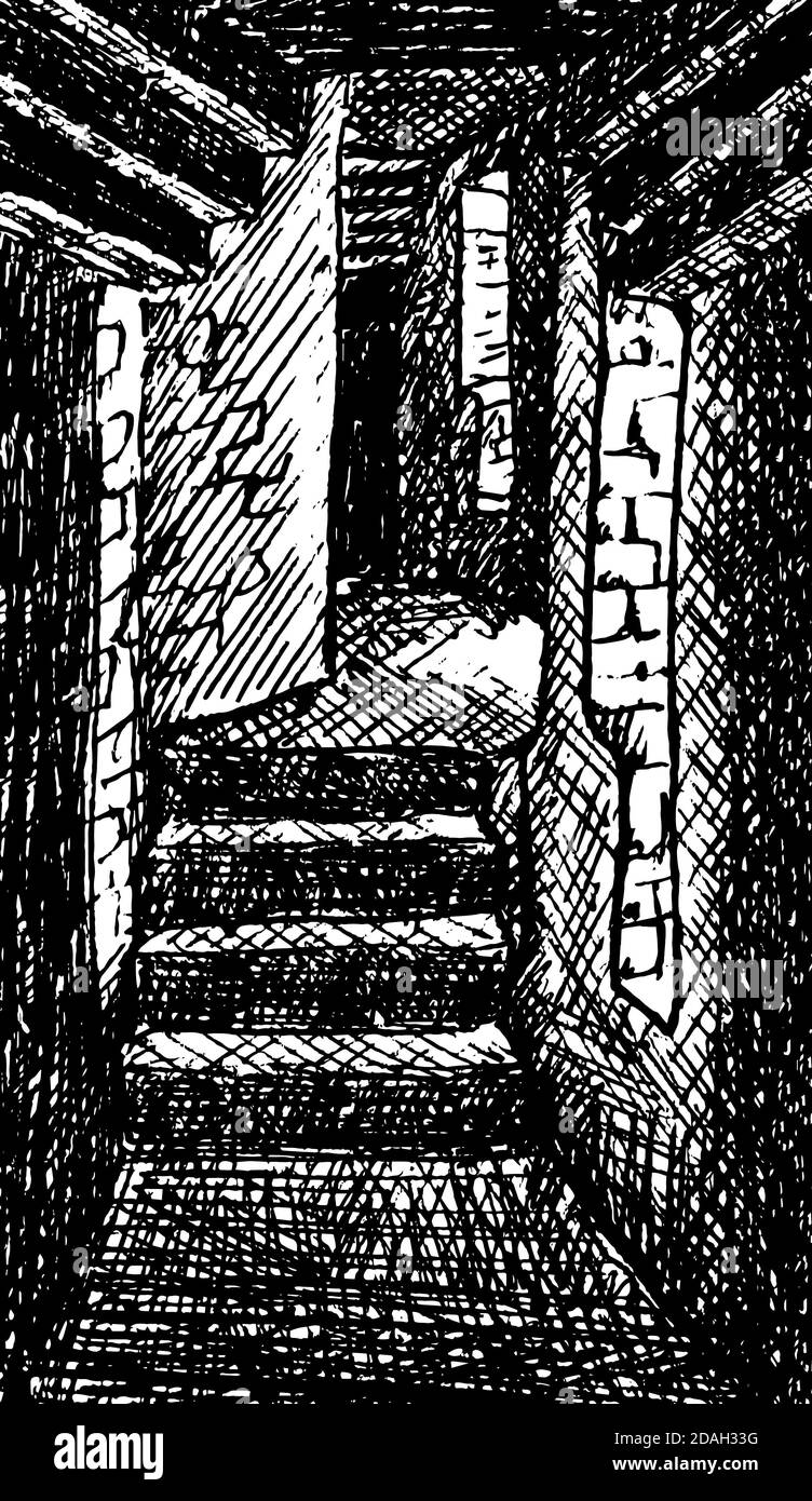 View of a narrow corridor made of stone within the wide walls of Beaumaris Castle. In the countryside of Wales, United Kingdom. Ink drawing. Stock Photo