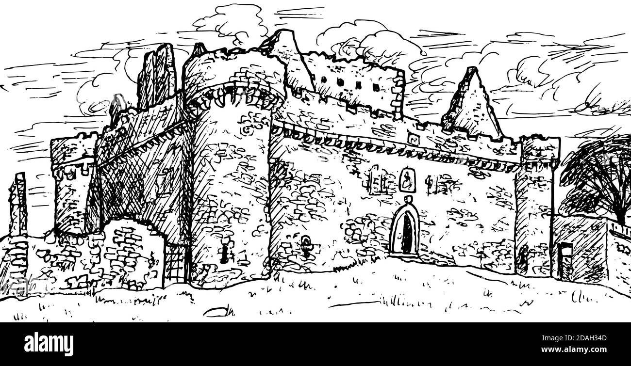 Towers and stone walls on the facade of the Craigmillar Castle, near Edinburgh. The capital of Scotland, in the north of United Kingdom. Ink drawing. Stock Photo