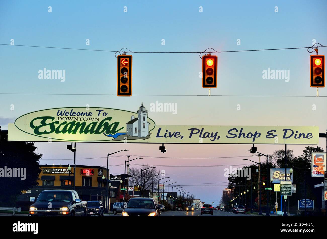 Escanaba, Michigan, USA. A banner above a street visitors to