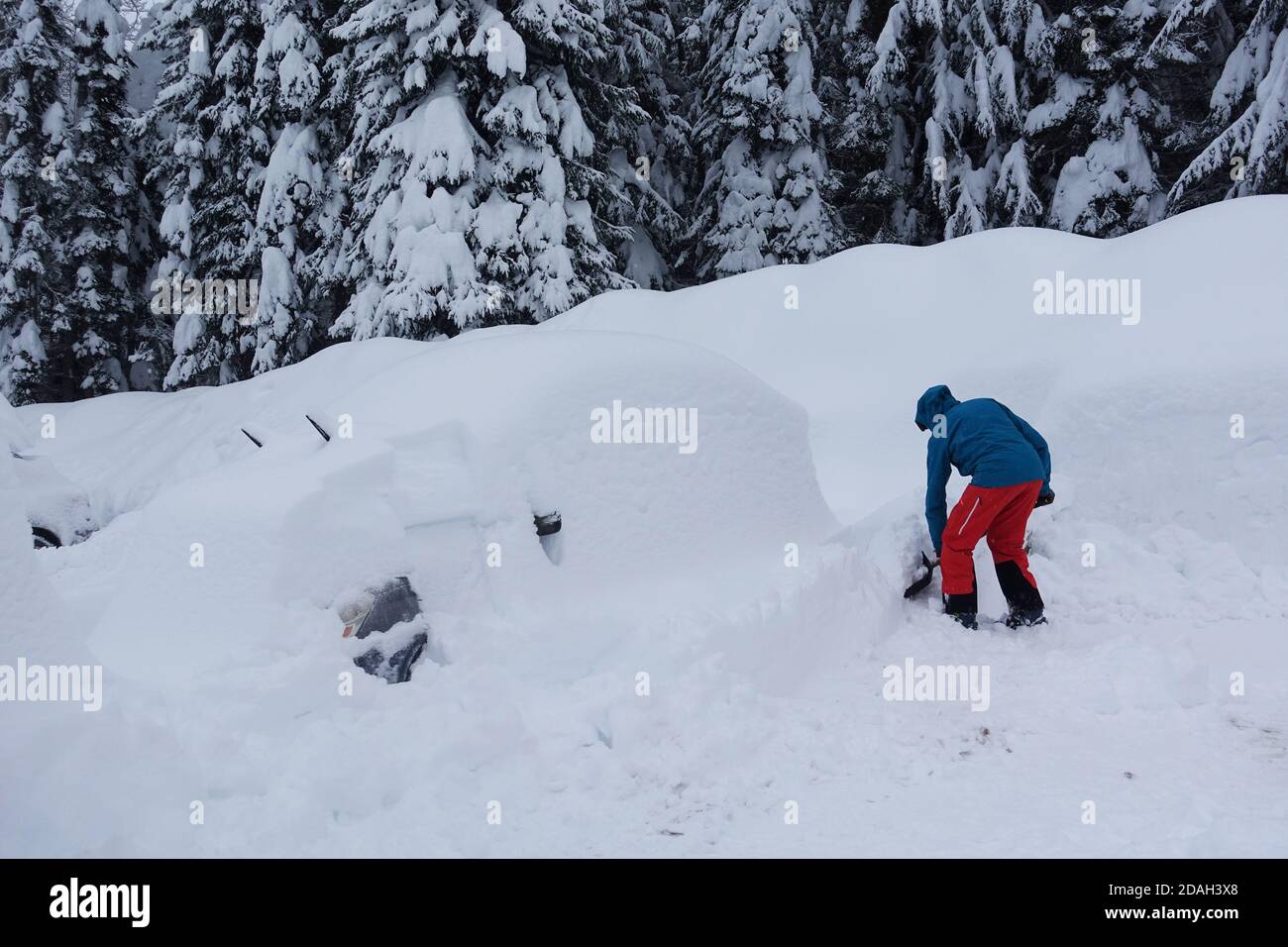 A person digging out a car buried in snow in Rogers Pass, BC, Canada Stock Photo