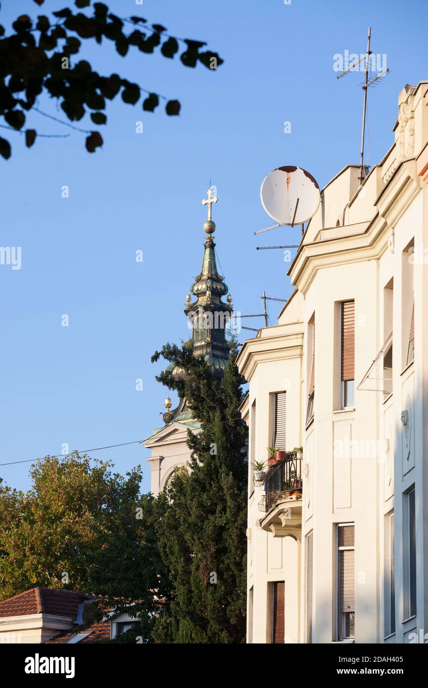 Typical facades of residential apartment buildings of Stari grad, the Old Town district of belgrade, in front of Saint Michael Cathedral, also known a Stock Photo