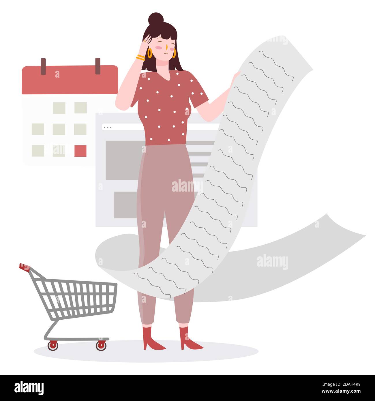 women hold big long bill shopping dizzy background of trolley calendar mark with flat cartoon style Stock Vector