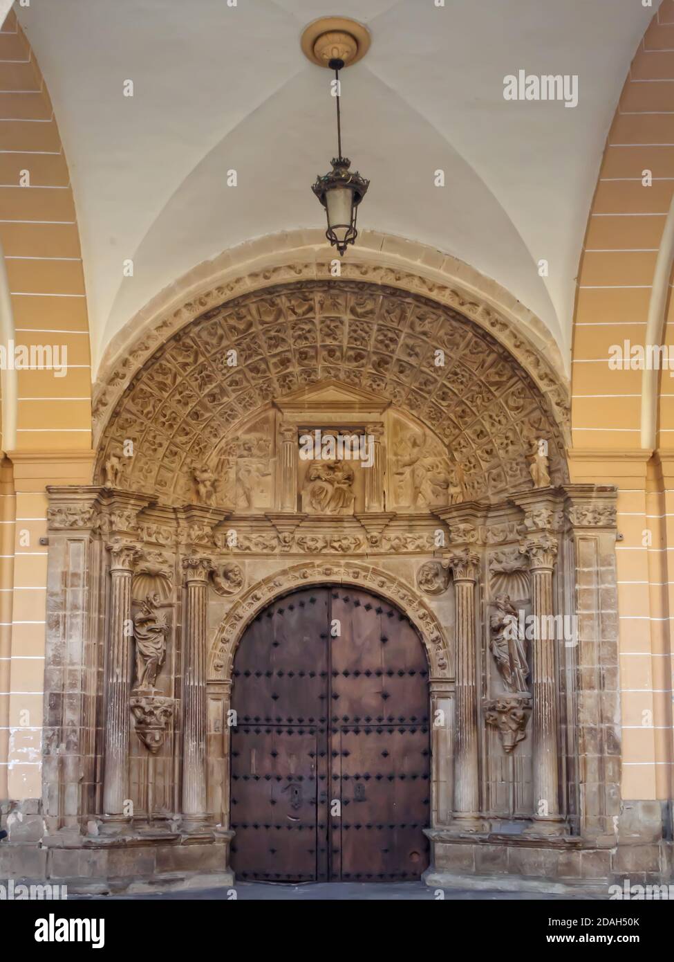 Entrance of the Church of Santa Maria (Iglesia de Santa Maria) - Los Arcos, Navarre, Spain Stock Photo