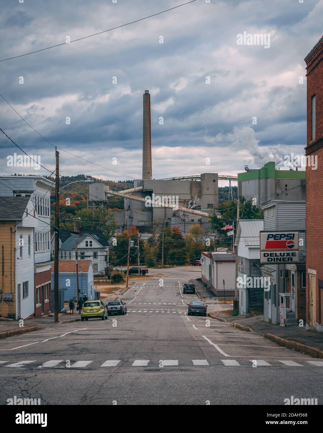 Oxford Avenue with view of paper mill, in Rumford, Maine Stock Photo