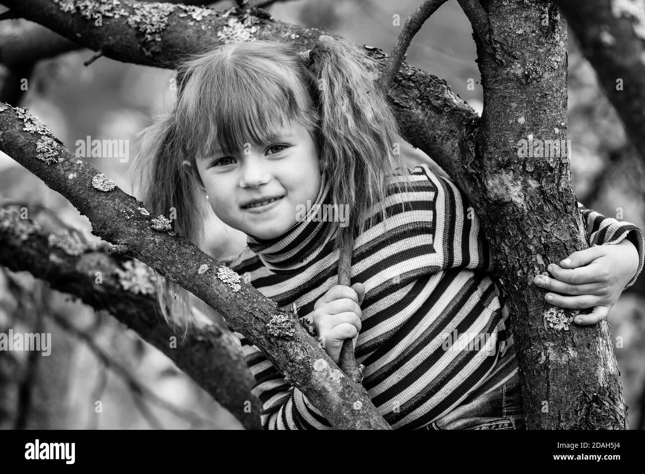 Little girl sitting on a tree in the garden. Black and white