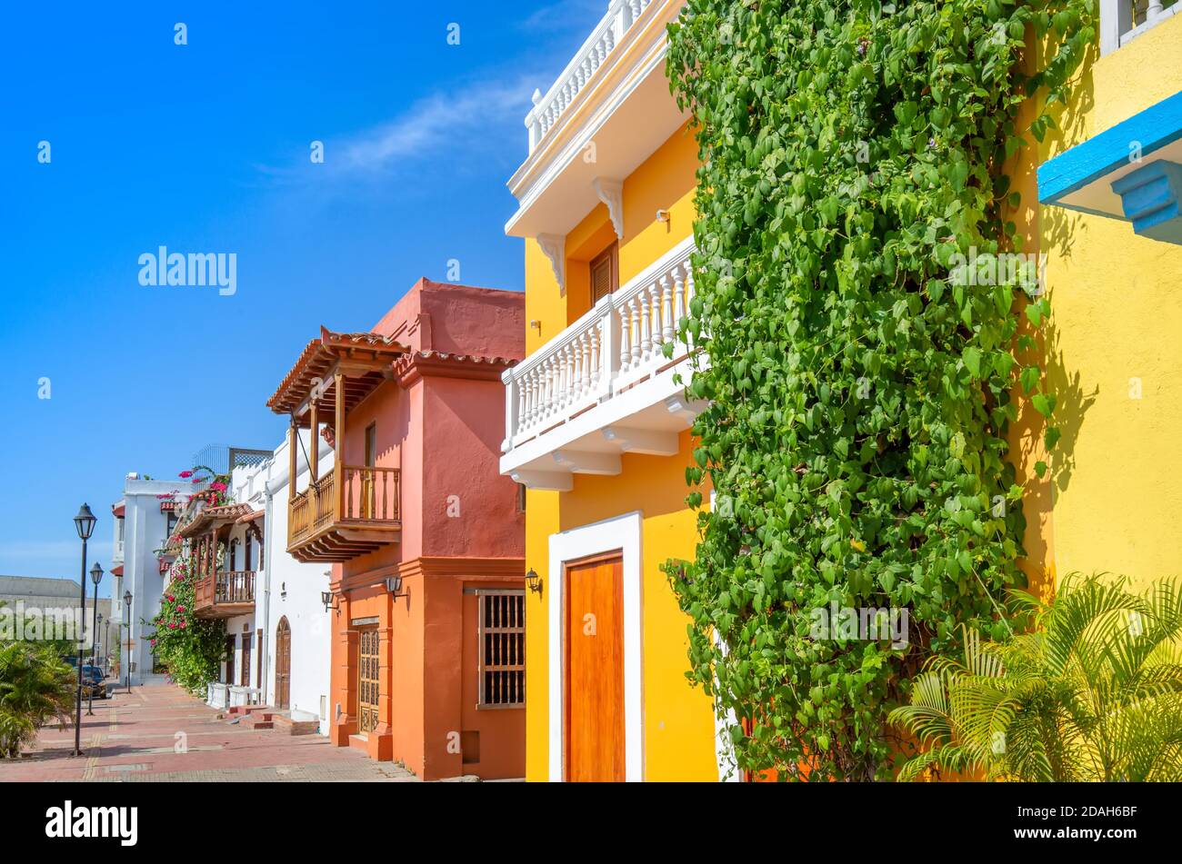 Colombia, Scenic colorful streets of Cartagena in historic Getsemani district near Walled City (Ciudad Amurallada) Stock Photo