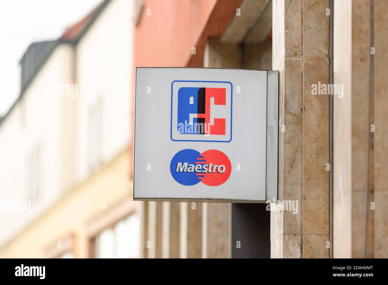 PASSAU / GERMANY - NOVEMBER 8, 2020: Branch logo of Euro Cash and Maestro. Euro Cash, Girocard is an interbank network and debit card service connecti Stock Photo