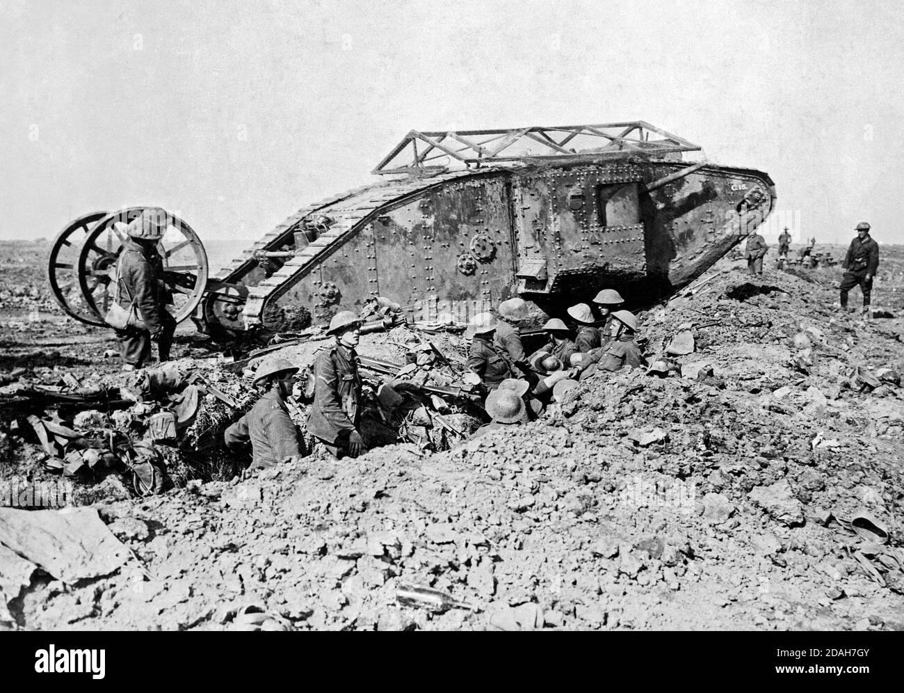 An early model British Mark I 'male' tank, named C-15, near Thiepval, 25 September 1916. The tank is probably in reserve for the Battle of Thiepval Ridge which began on 26 September. The tank is fitted with the wire 'grenade shield' and steering tail, both features discarded in the next models. Stock Photo