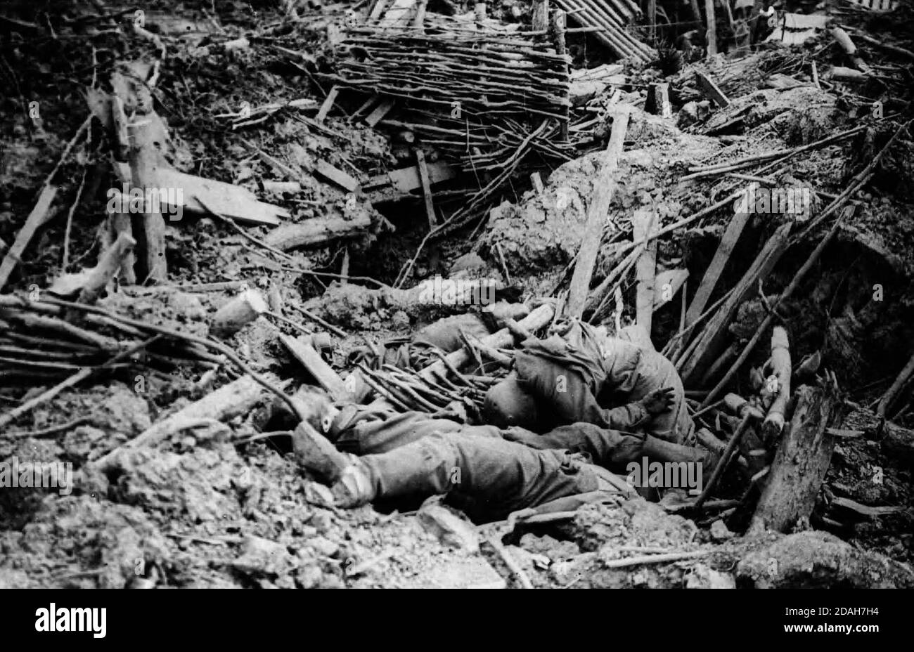 Smashed up German trench on Messines Ridge with dead during World War I Stock Photo