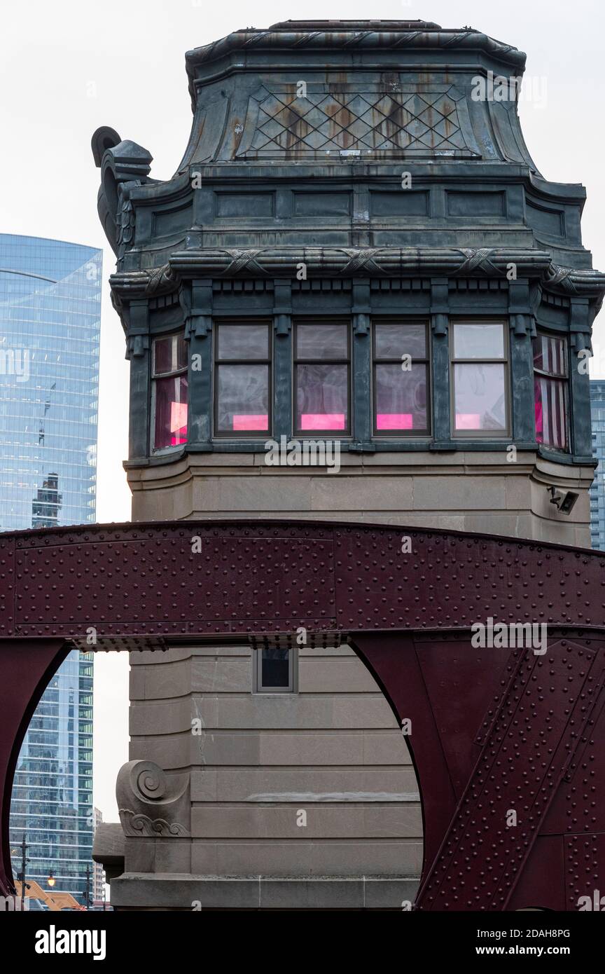 Bascule Bridge tower by the Chicago River Stock Photo