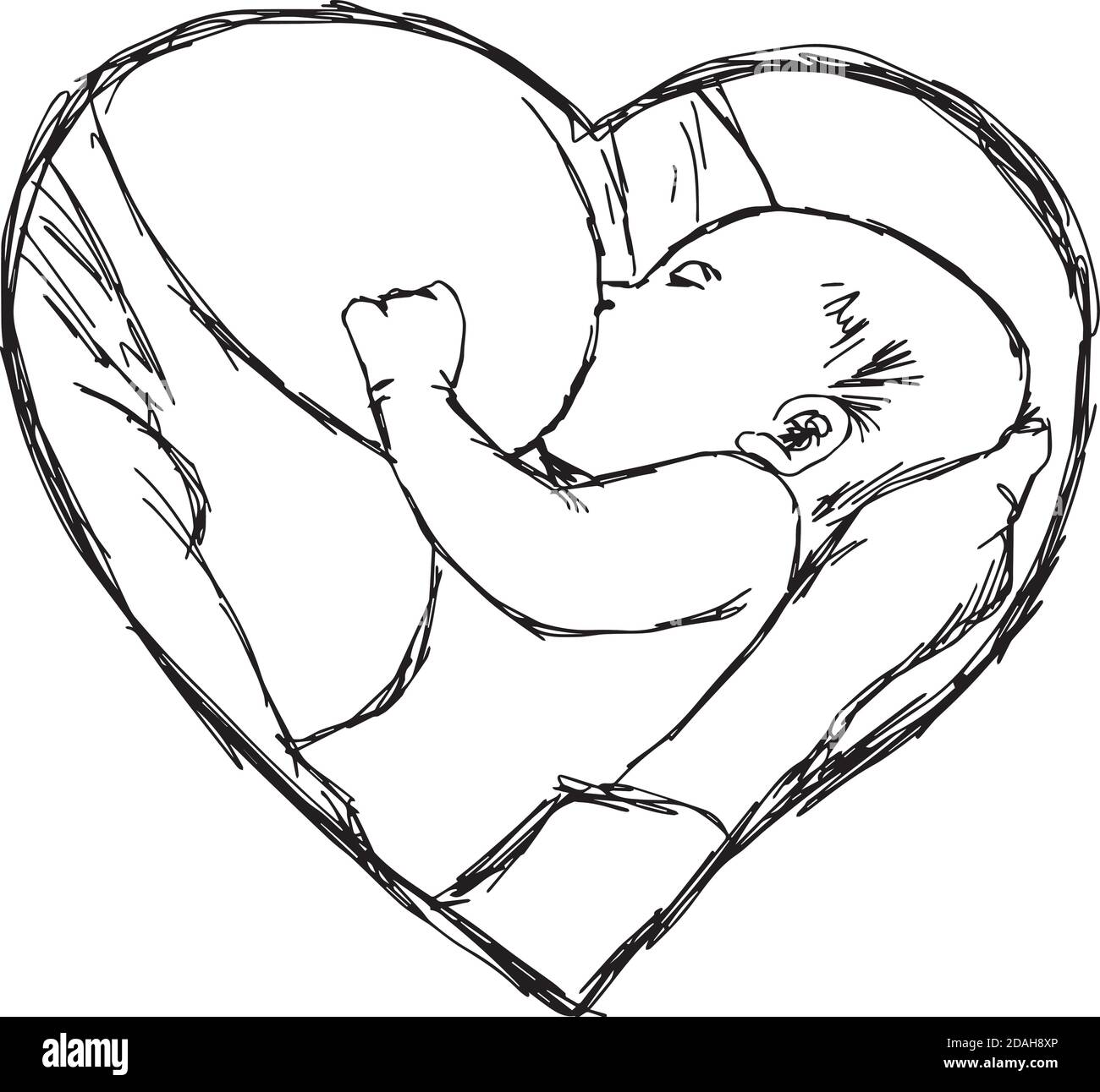 illustration vector doodle hand drawn of sketch breastfeeding baby in heart shape frame, love concept Stock Vector