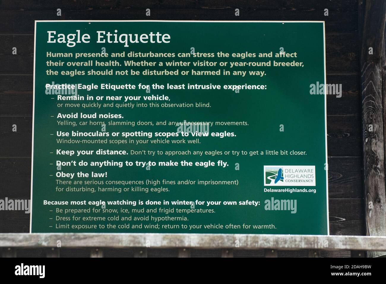 Bald Eagle Bird Watching Sign in the Poconos of Pennsylvania Stock Photo