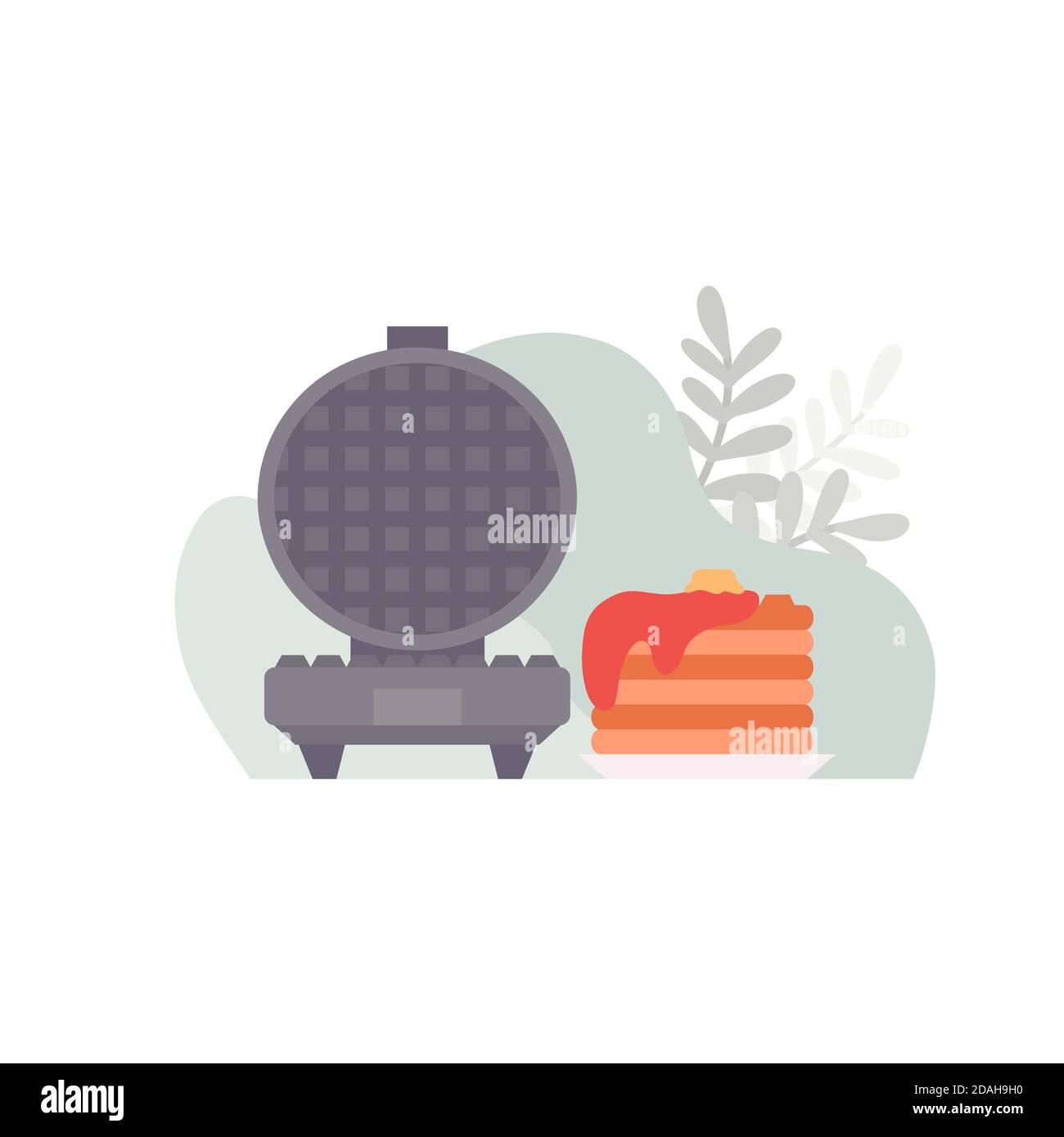Flat illustration of an open waffle iron with waffles with gravy on an ...