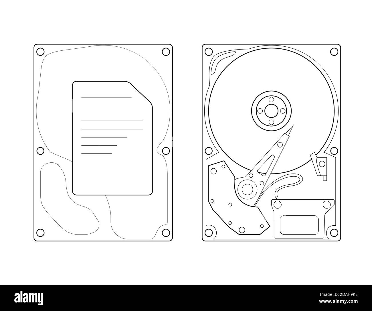 Contour tech illustration of a hard drive with a top view and a cover on a white background. Accessories for the computer. Vector object for drawings, Stock Vector