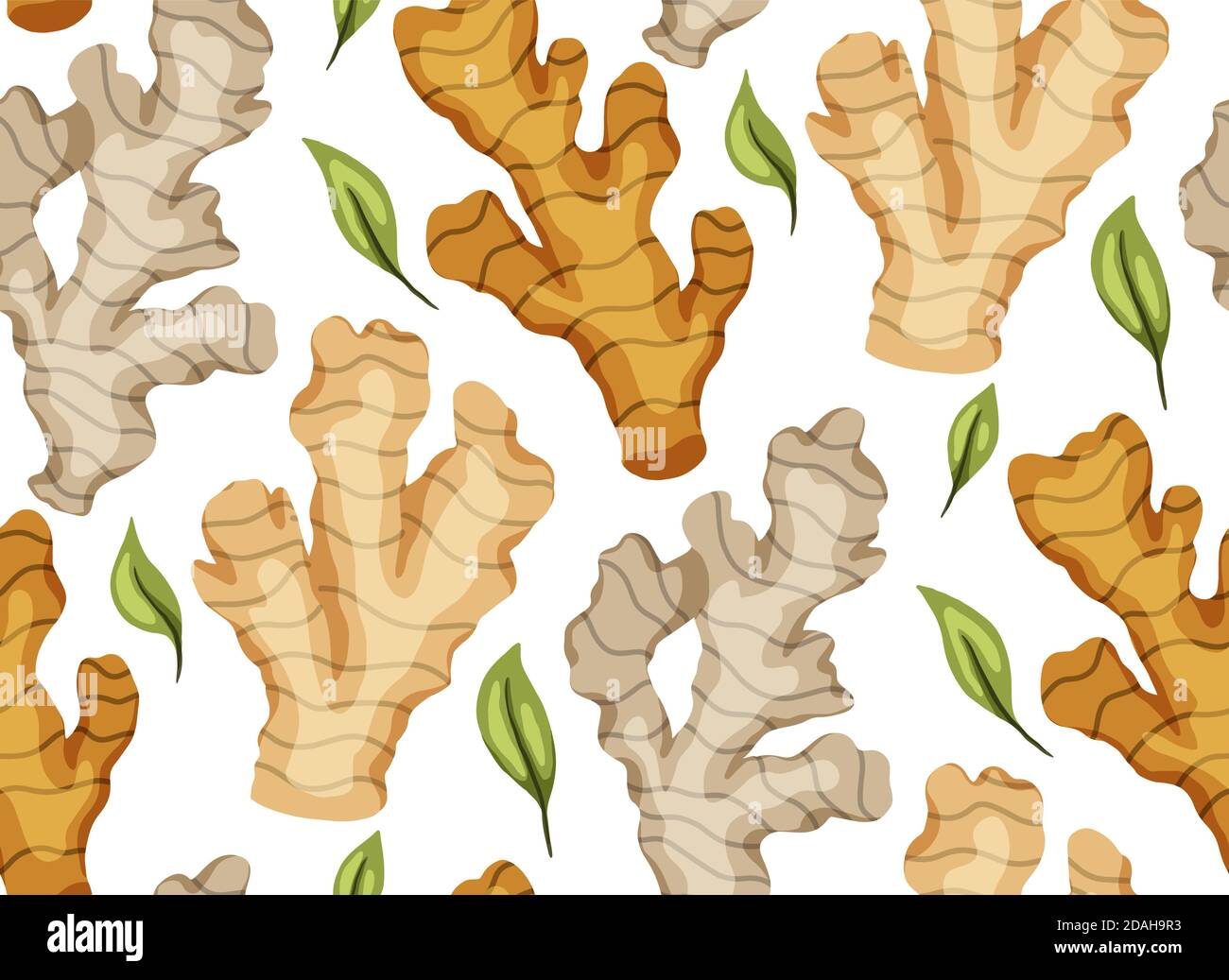 Seamless texture with cartoon ginger roots with leaves on a white background. Healthy food. Flat vector background for fabrics, wallpapers and your cr Stock Vector