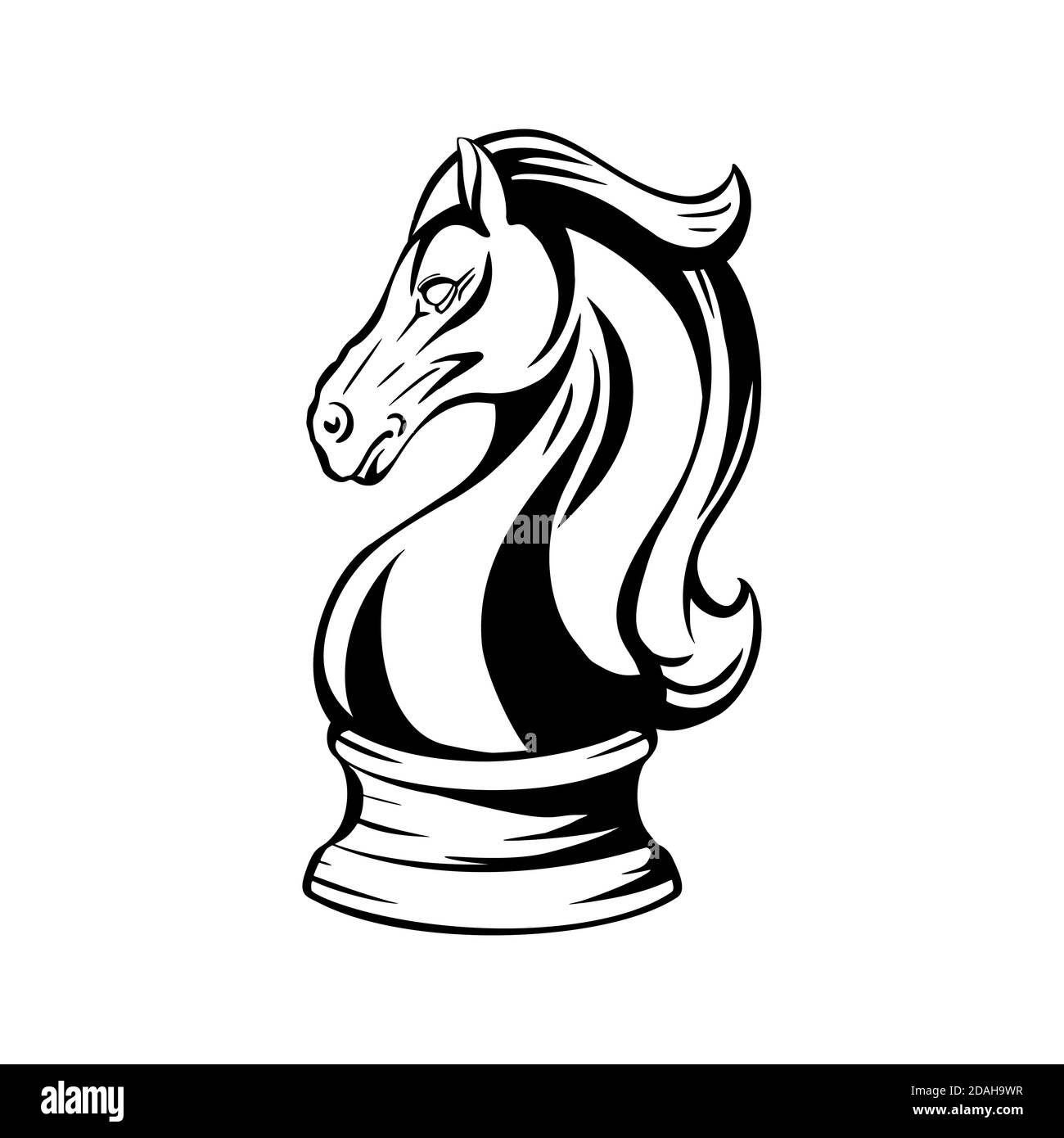 Contour black and white knight chess horse. Proud mustang mascot. Symbol of smart play. Outline object for logos, icons, print, sticker and your desig Stock Vector