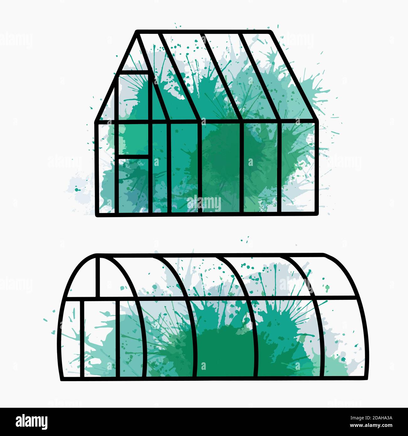 Set of home greenhouse with green watercolor splashes. Silhouette of glass orangery with spray. Hobbies and nature interest. Vector illustration for c Stock Vector