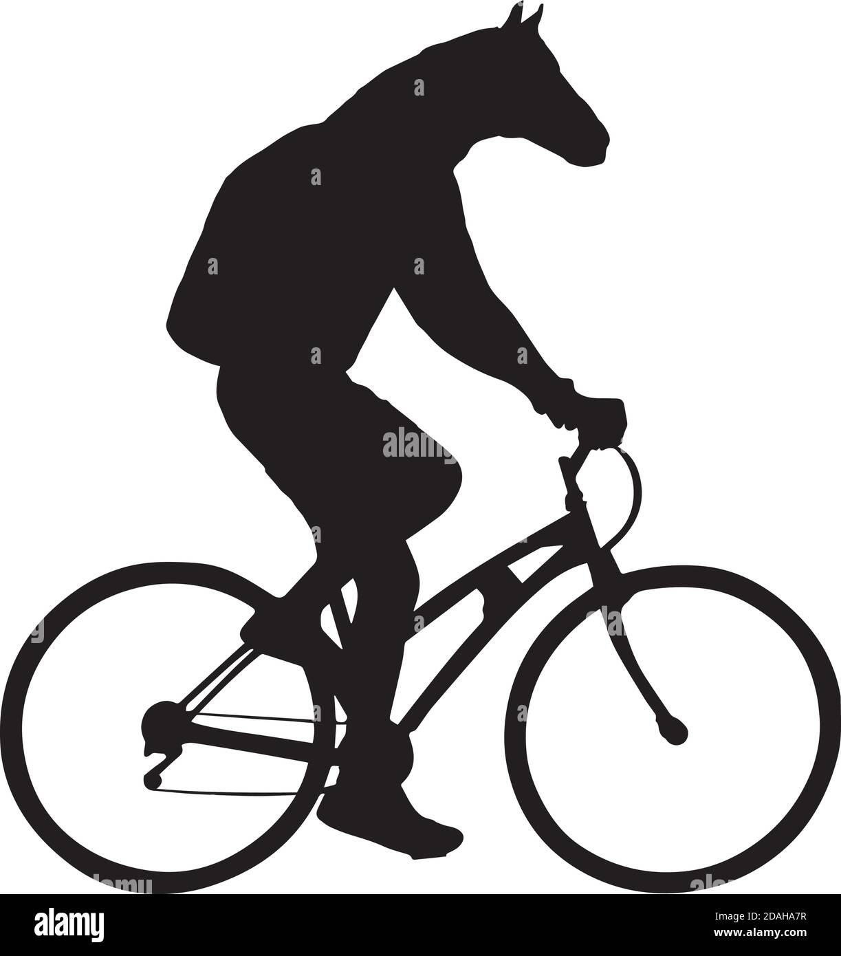 horse head bicyclist riding a bicycle isolated on white background silhouette vector illustration. Stock Vector